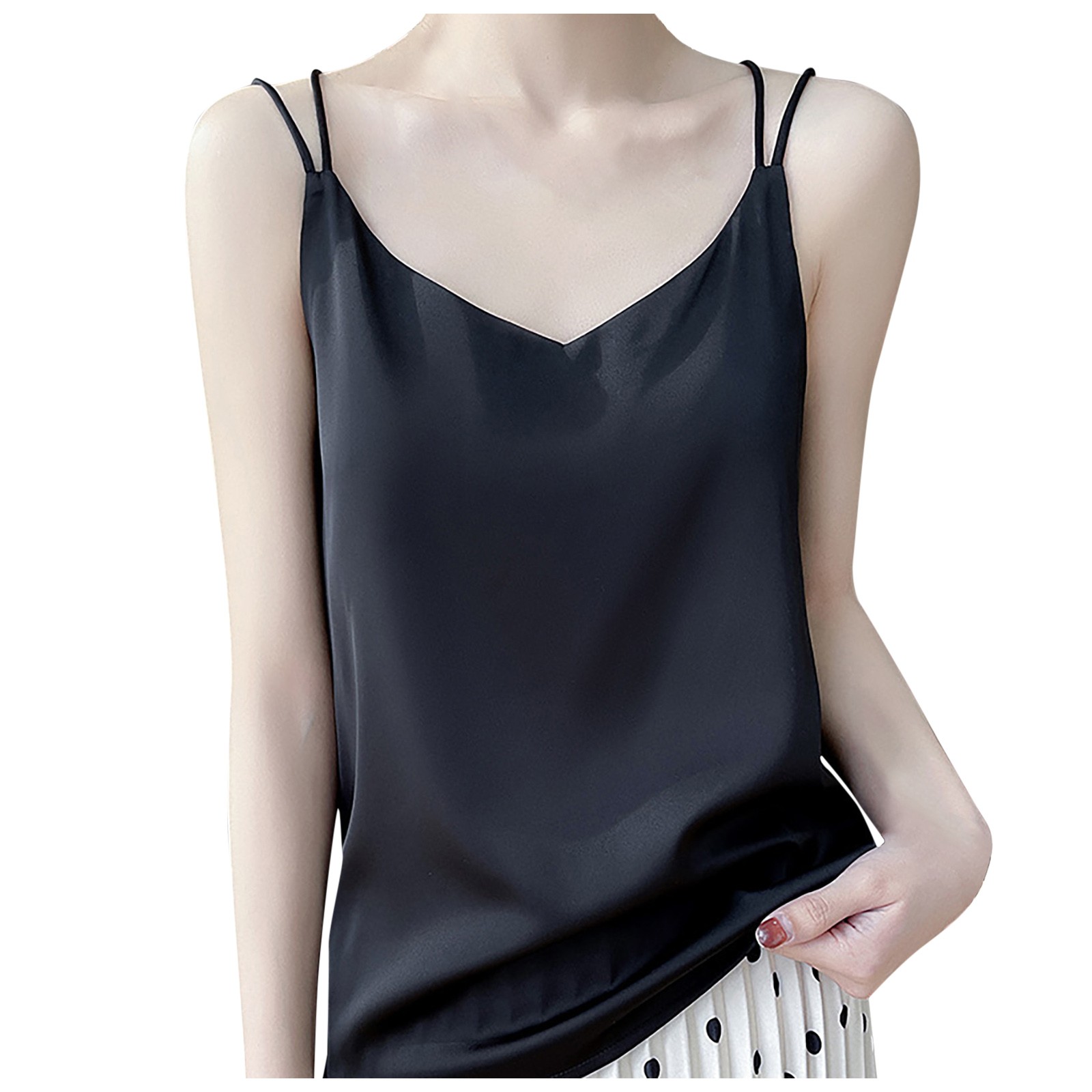 thumbnail image 1 of Camiseta de seda satinada para mujer: cuello en V, tirantes finos, blusa sin espalda, poliéster, para ropa informal y de dormir, 1 of 6